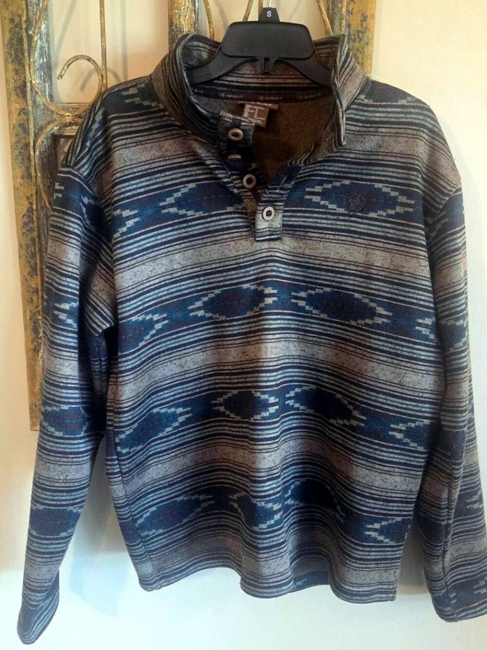 Ariat Men's Snap Collar Fleece Pullover Sweater Blue Gray Aztec Stripe Size M